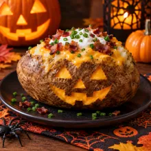 Baked potato carved like a jack-o-lantern